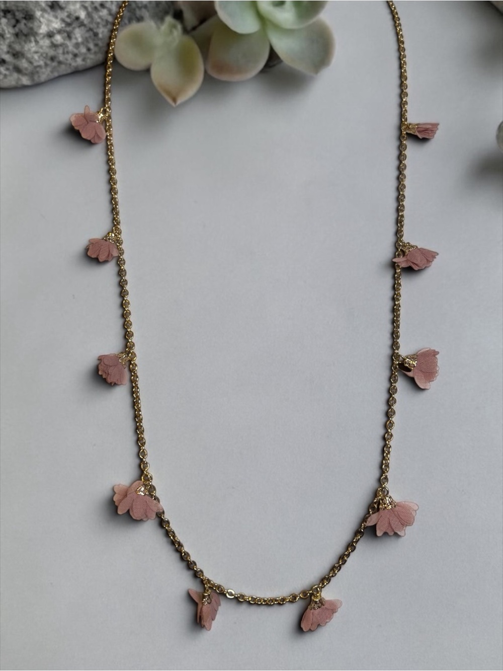 Gold Chain Necklace with Pink Floral Charms - Women Jewelry